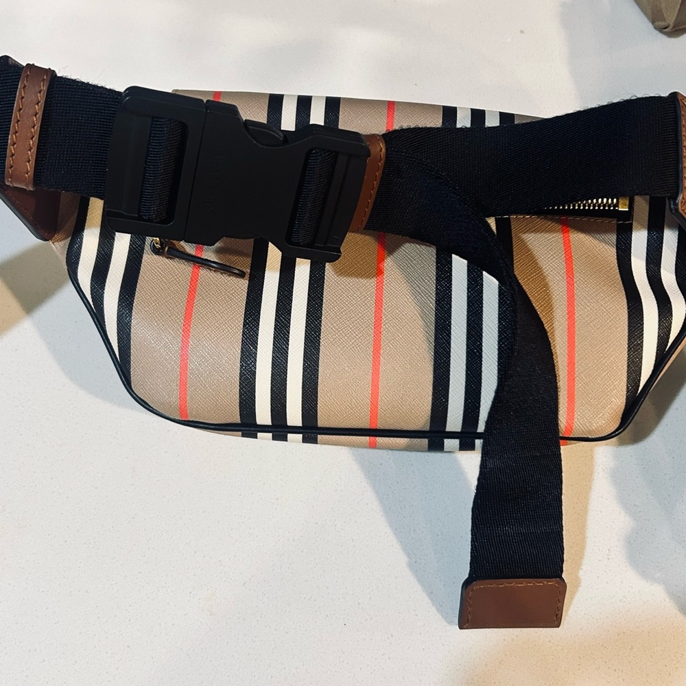 Burberry Beige and Black Belt Bag with Red Stripes